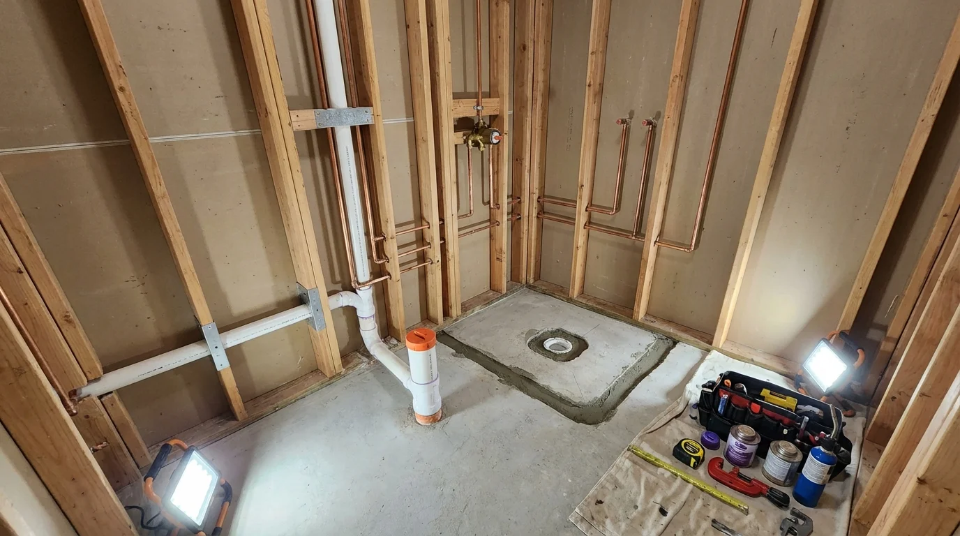 Bathroom rough-in plumbing during remodel by Johns Plumbing LLC in Waller