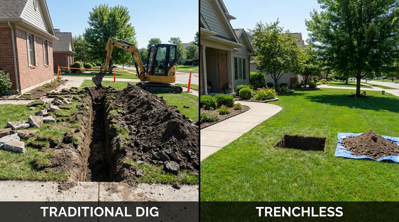 Trenchless sewer repair with minimal yard damage versus traditional excavation in Waller, TX