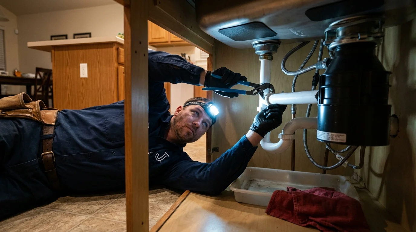 P-trap and supply line connections under a kitchen sink showing a common leak point in Waller, TX